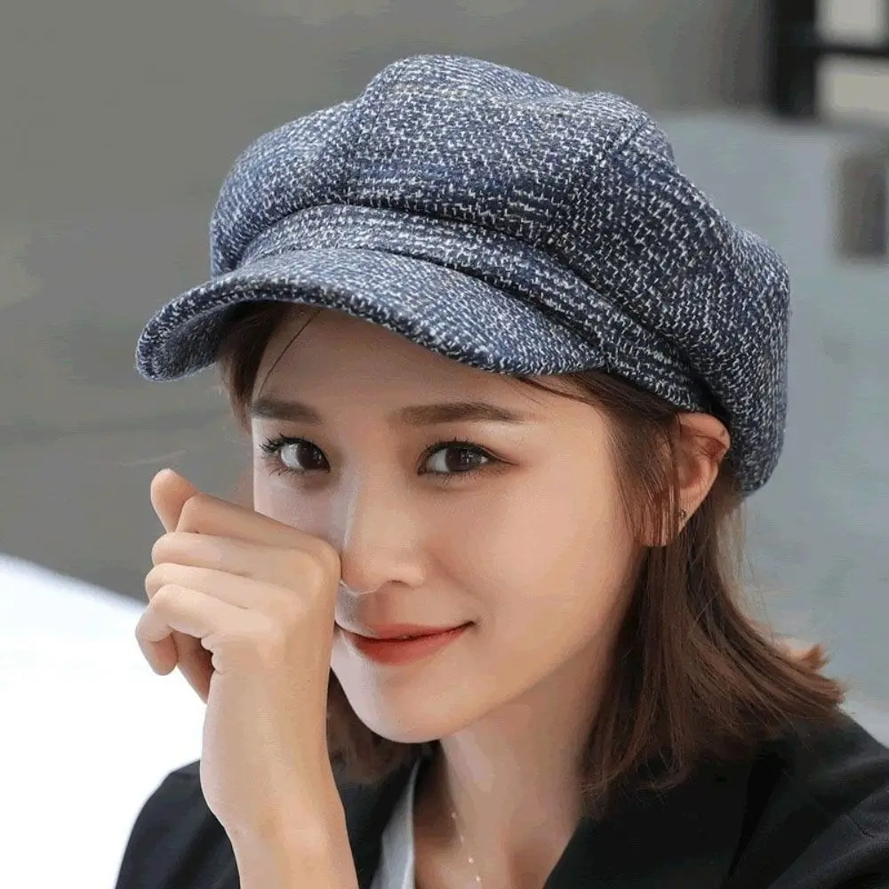 

Fashion Woolen Plaid Octagonal Hat Thick Keep Warm Painter Caps Korean Style Ear Protection British Berets Travel