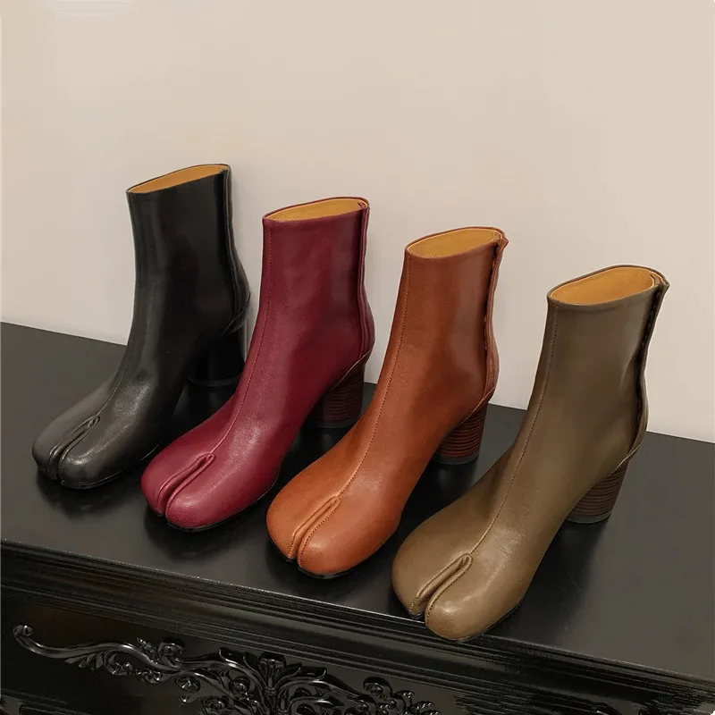 2026 Luxury Women Tabi Split Toe Genuine Leather Ankle Boots Chunky Block High Heel Booties Fall Winter Fashion Party Shoes image 2