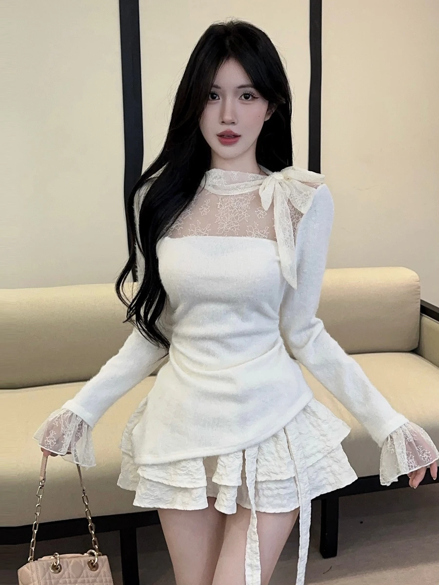 

Вязаный топ Bell Sve и пышная юбка в стиле ретро с кружевом и пышной юбкой, комплект рабочей одежды Sle Long Sve Slim Fit Wint...