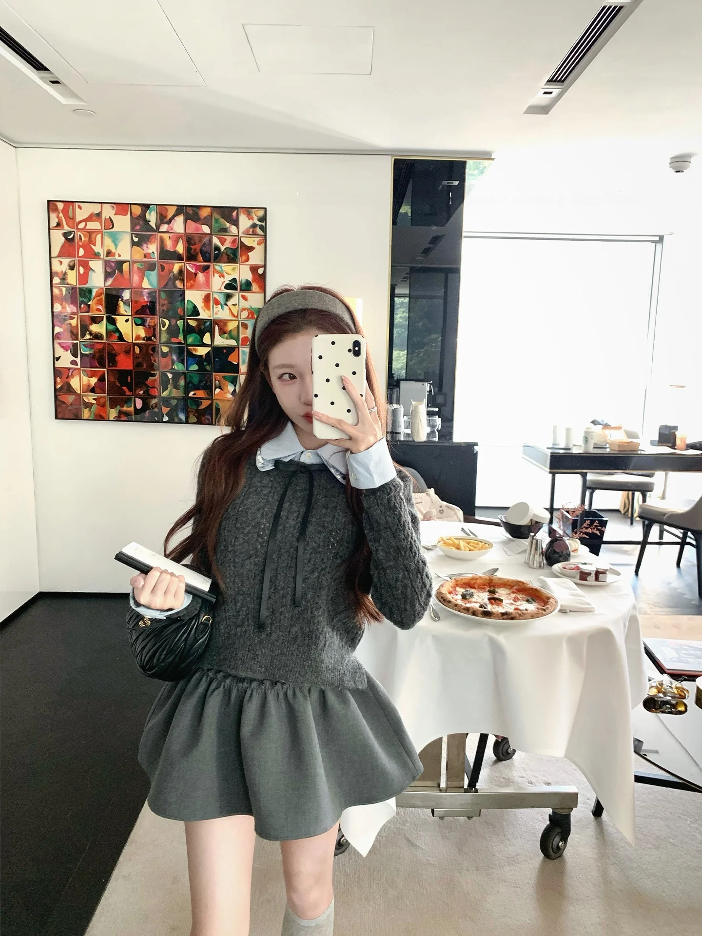 

Комплект Coolline: серо-голубая блузка с пайетками и лоскутным узором, женский, с узлом, стандартный рукав, длинный, весенний модный наряд в студенческом стиле