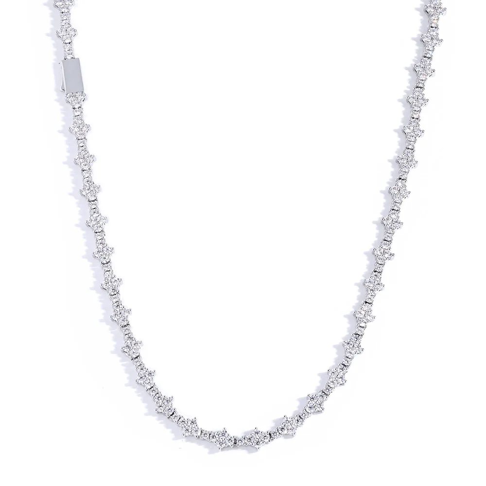 Hip Hop Style 6.5MM Tennis Necklace Brass Iced Cubic Zirconia Spring Buckle Flower Shaped Tennis Necklace For Men And Women