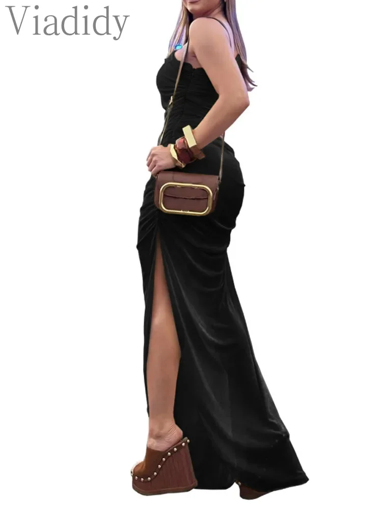 Women's Sexy See Through Sheer Mesh One Shoulder Sleeveless Hollow Out Ruched Side Slit Maxi Dress