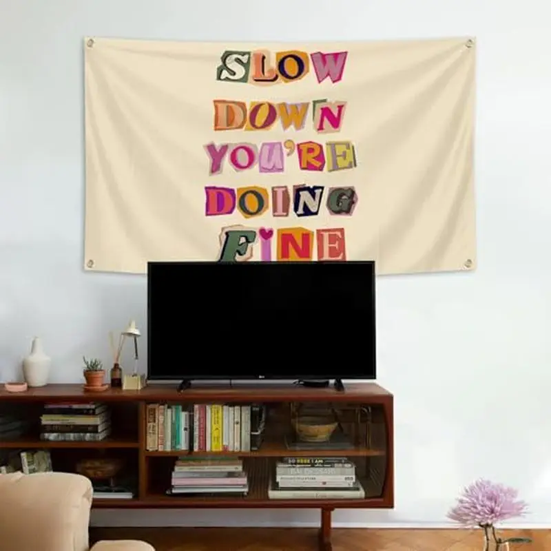 VIKAMA Slow Down You're Doing Well Tapestry, Minimalist Inspirational Quotes Wall Hanging, Bedroom Dormitory Decor