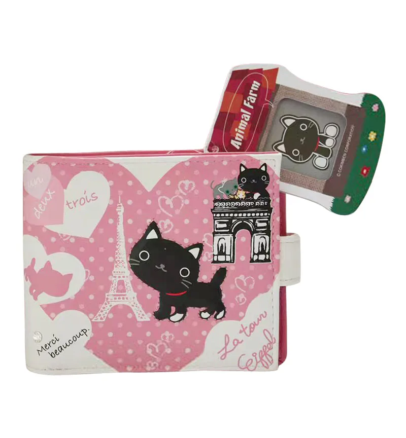 Cute 3D Kutusita Nyanko Black Cat Pink Wallet Purse Leather Compact Short Wallets for Women Girls Card Holder Purses Money Bag