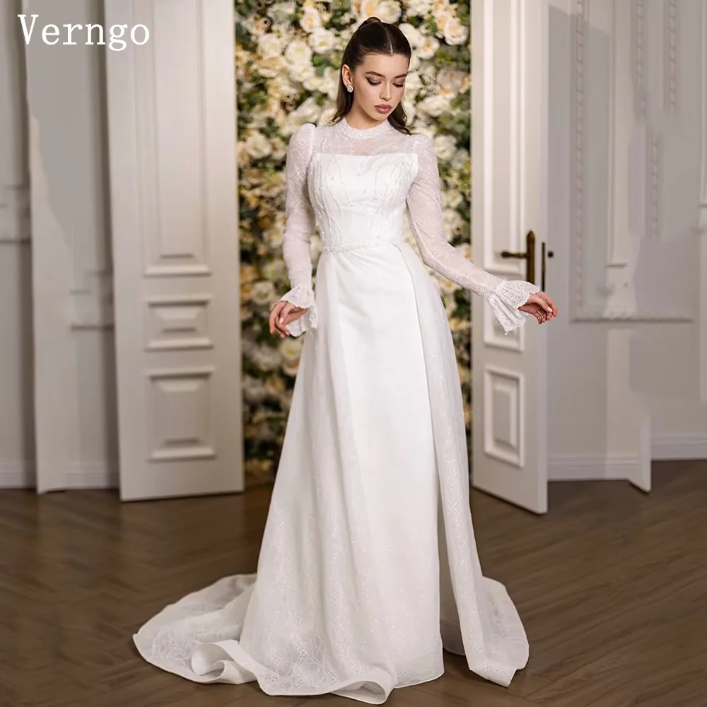 

Verngo Lace Sequined Wedding Dresses High Neck Full Sleeves Mermaid Bridal Gowns Elengnt Formal Bride Dresses Customized