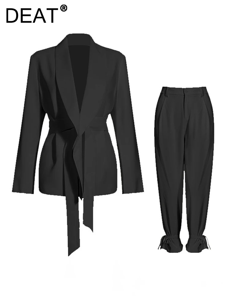 DEAT Fashion Minimalist 2 Pcs Set Women's Lapel Cross Sashes Blazer High Waist Drawstring Pant Suit Spring 2025 New Tide 7AB6986