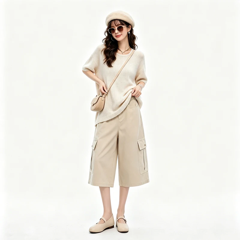 Women's Autumn Light Apricot High Waist Multi-Pocket Cargo Wide Leg Cropped Pants, Slim Casual Commuter Trousers