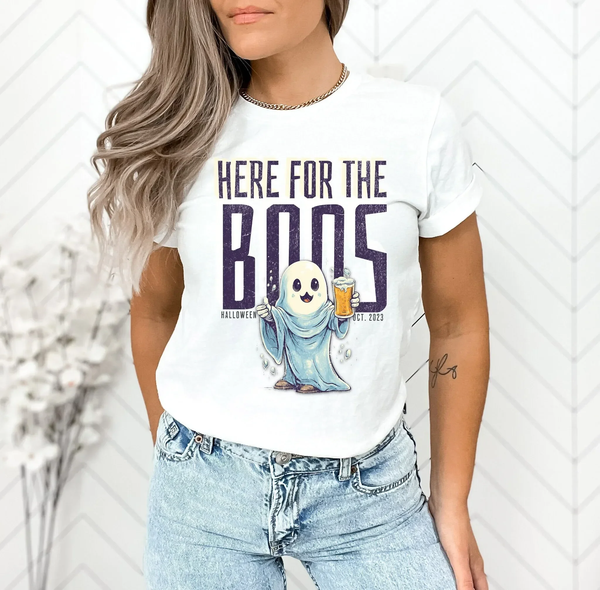 Here for The Boos T Shirt Trendy Halloween Retro October 2023 Spooky Season Ghost
