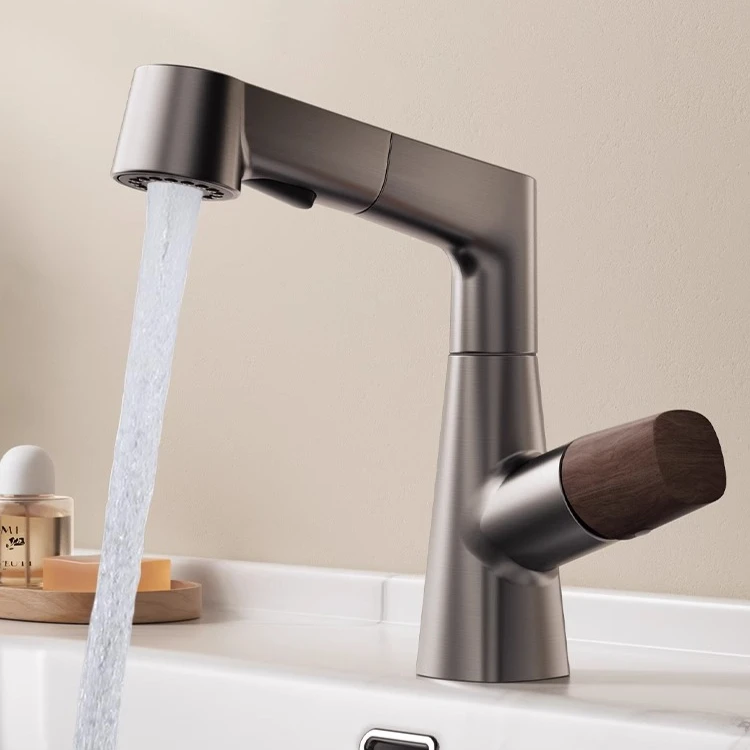 

Medieval walnut, gunmetal gray all-copper washbasin faucet, household washbasin pull-out bathroom vanity hot and cold faucet