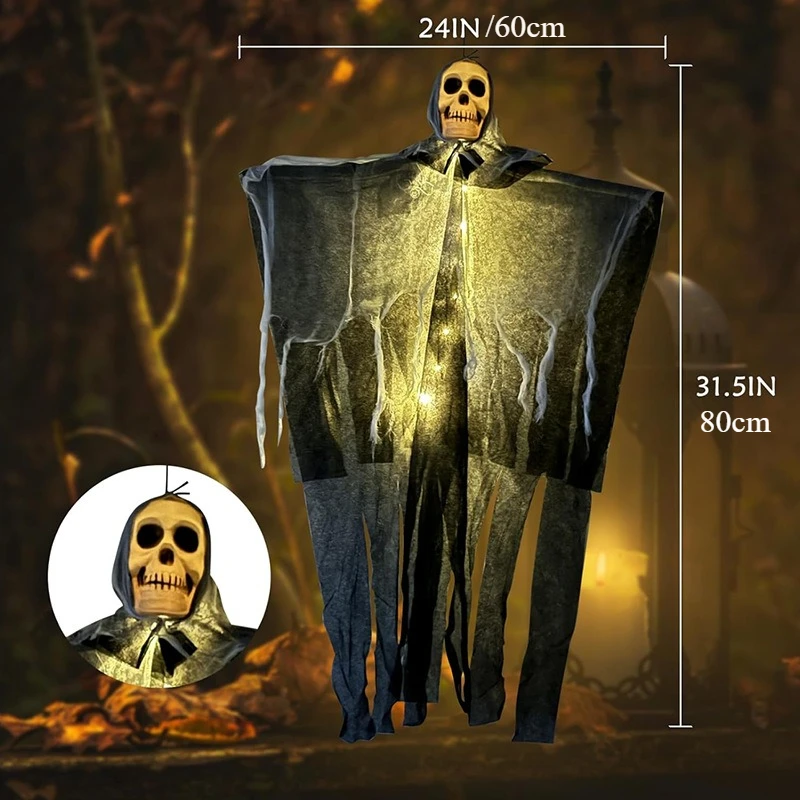 Halloween LED-Hängegeister-Skelett-Dekorationen, leuchtende Sensenmann-Schädel-Ornamente, gruselige fliegende Geisterlichter für Zuhause – Detail 11