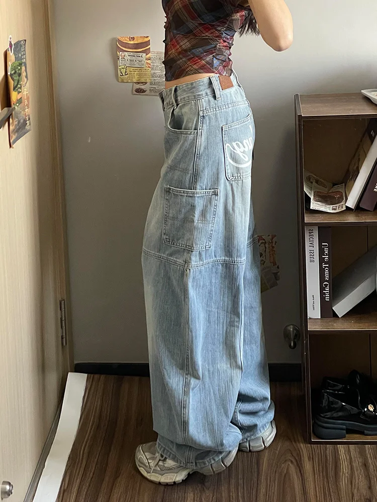 American Vibe Women's Wide Leg Jeans Knife  Letter Print High Waist Casual Denim Pants plus Size Slimming Loose Fit