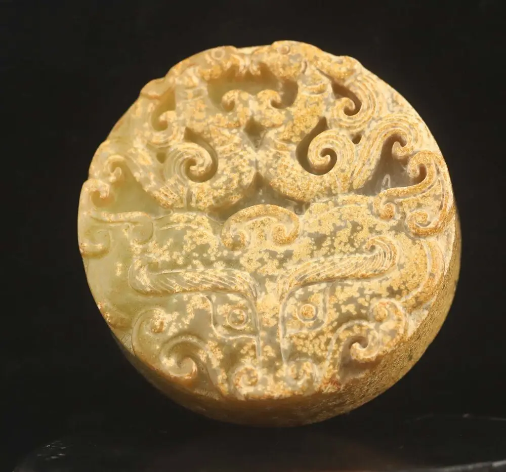 Old natural jade hand-carved statue of double dragon seal