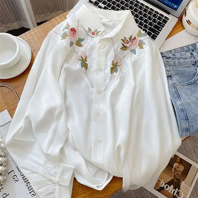 

Femme Spring Summer Fashion Button Embroidered Solid Color Collar Women Shirts Temperament A Celebrity Long Sleeve Top Tee