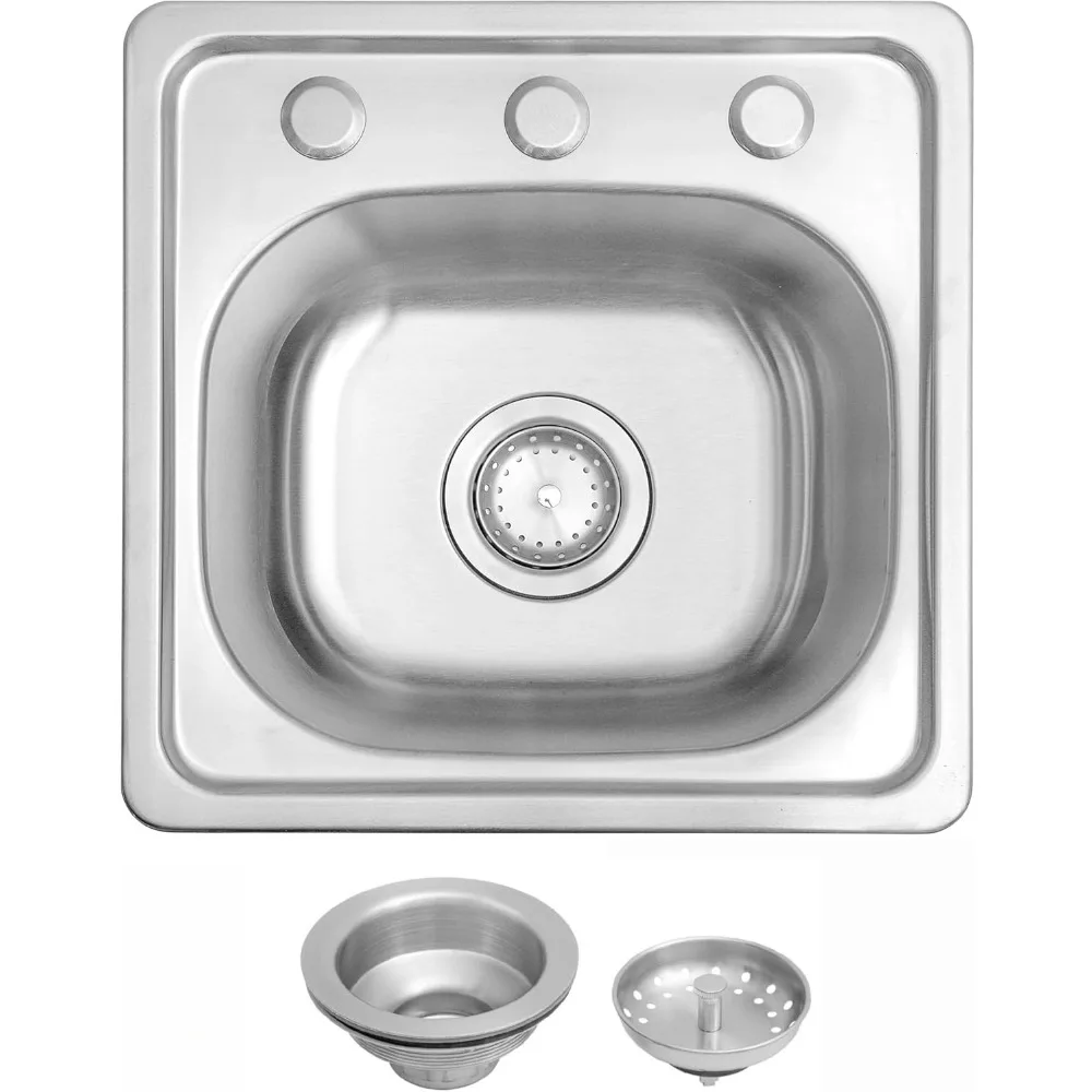

Drop In Bar Sink 15x15 Inch 8 Deep Single Bowl Brushed Nickel with Strainer
