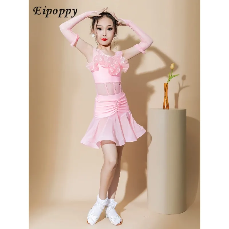 여아 라틴 댄스 의상 메쉬 연습복 어린이 공연 의상