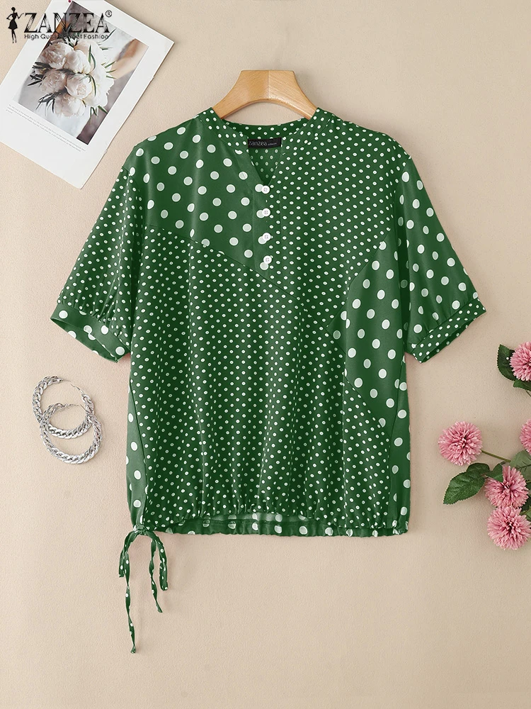 ZANZEA Moda Polka Dot Patchwork Camicette Donna Casual Scollo a V Mezza Manica Coulisse Orlo Blusas Mujer Estate Streetwear Magliette e camicette