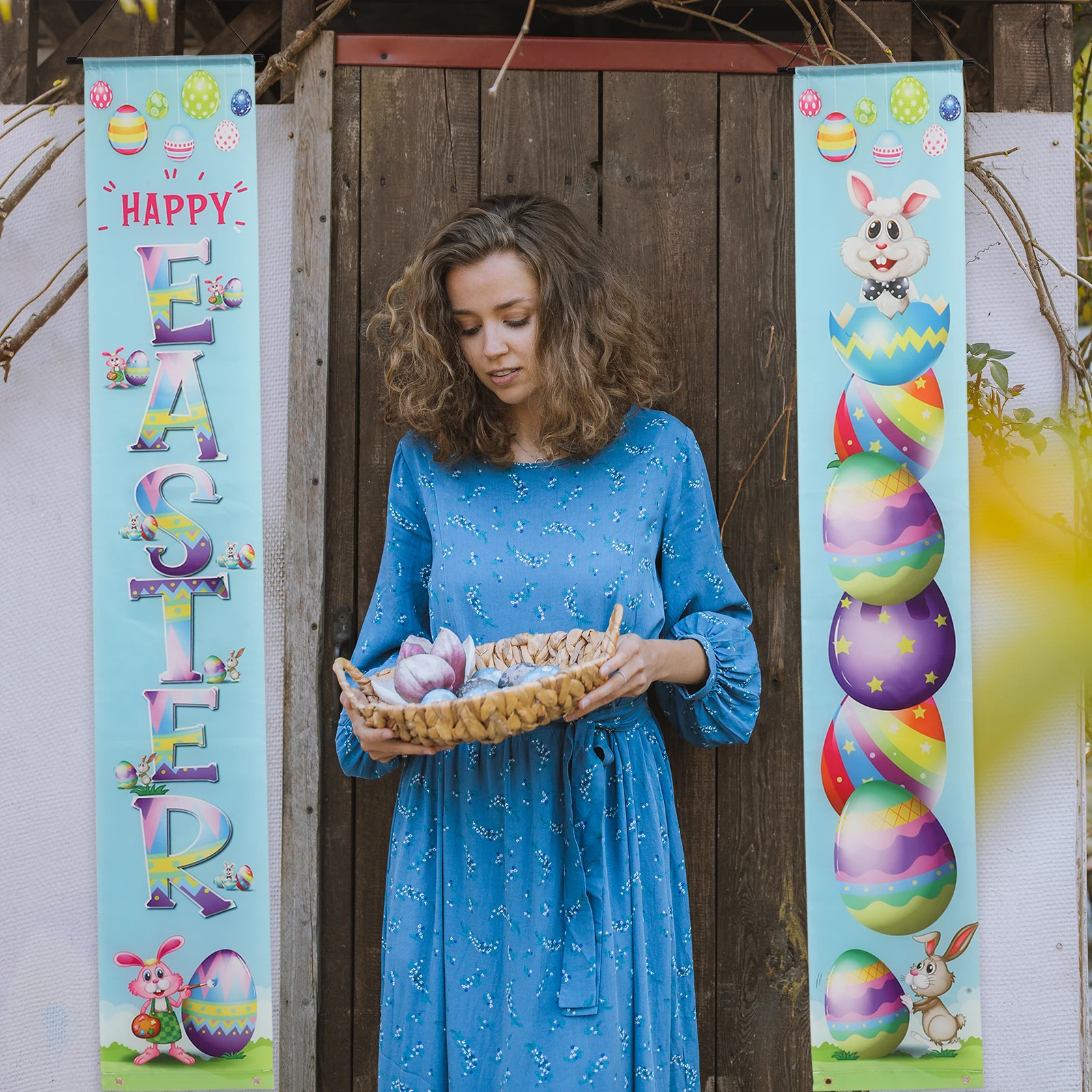 

1Pair Door Couplets Easter Party Decorative Door Curtain Funny Festival Banner Easter Porch Hanging Ornament Party Supply