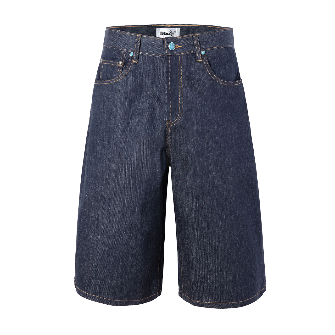 Turquoise Button Straight Wide Leg Denim Short Men High Street Baggy Casual Capri Jean Shorts Relaxed Fit Outdoor Short Jeans