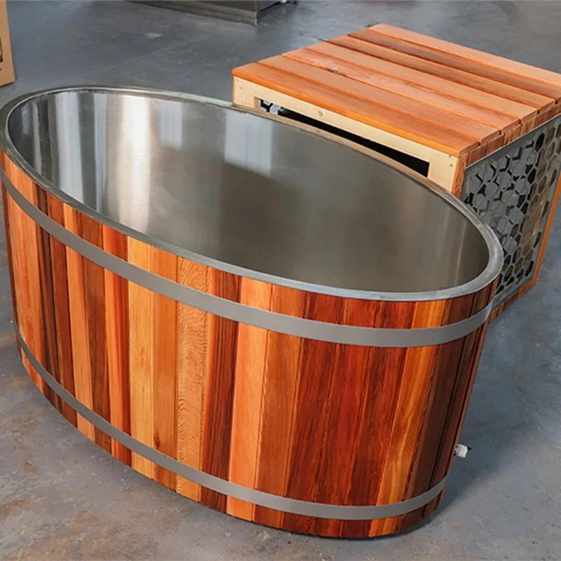 Freestanding Bathtub, Wooden, Cold Water Therapy Soaking Tub, Suitable for Spa Fitness Recovery