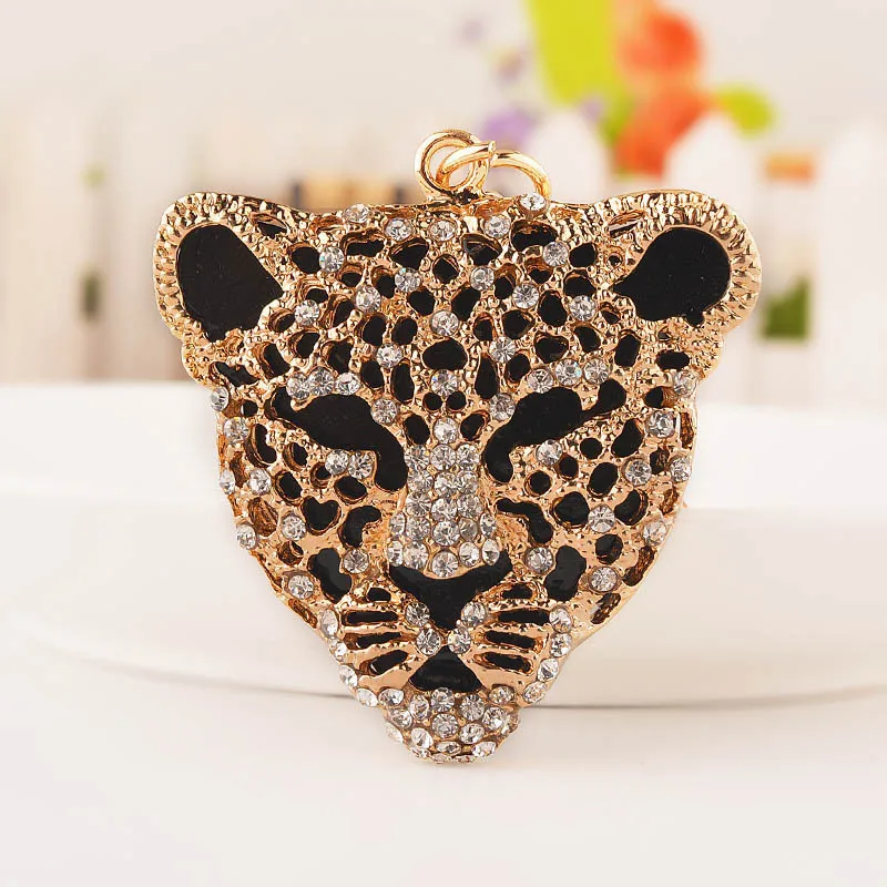 Cute Crystal Leopard Head Keychains for Women Handbag Dangle Keyfob Men Car Charm Purse Bag Keyring Girl Golden Key Chain Bijoux