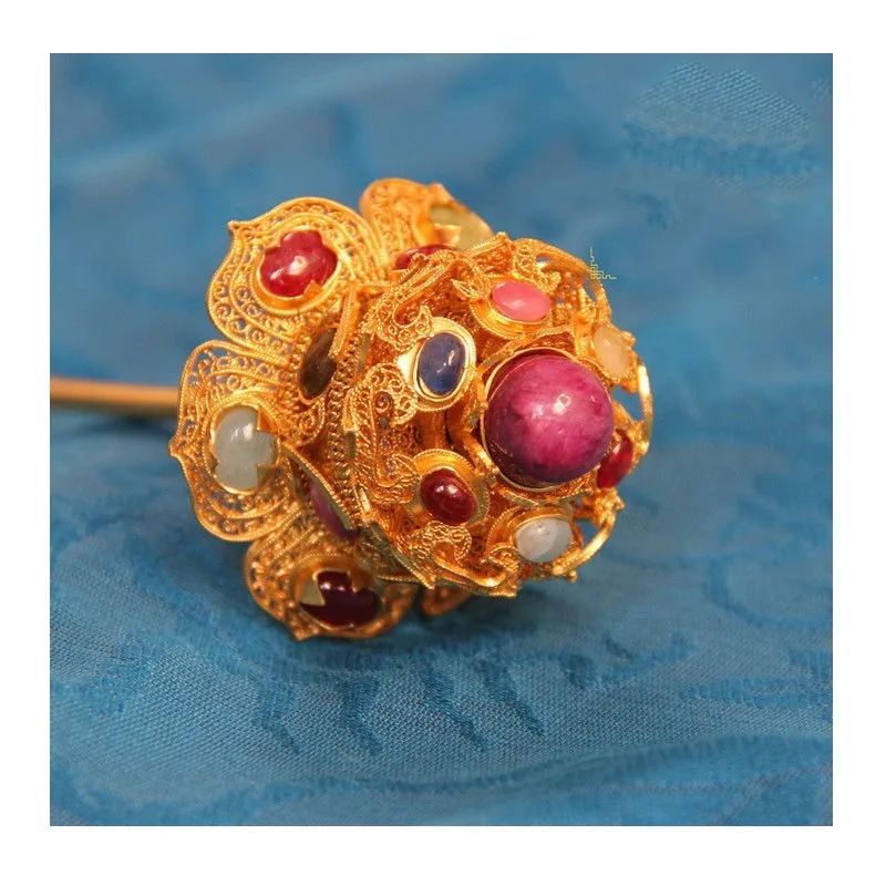 

Ming Dynasty Hairpin, National Jewelry, Walking Hairpin, Filigree Inlaid Hanfu Headdress, Pure Copper Gold-plated Lotus Top Hair