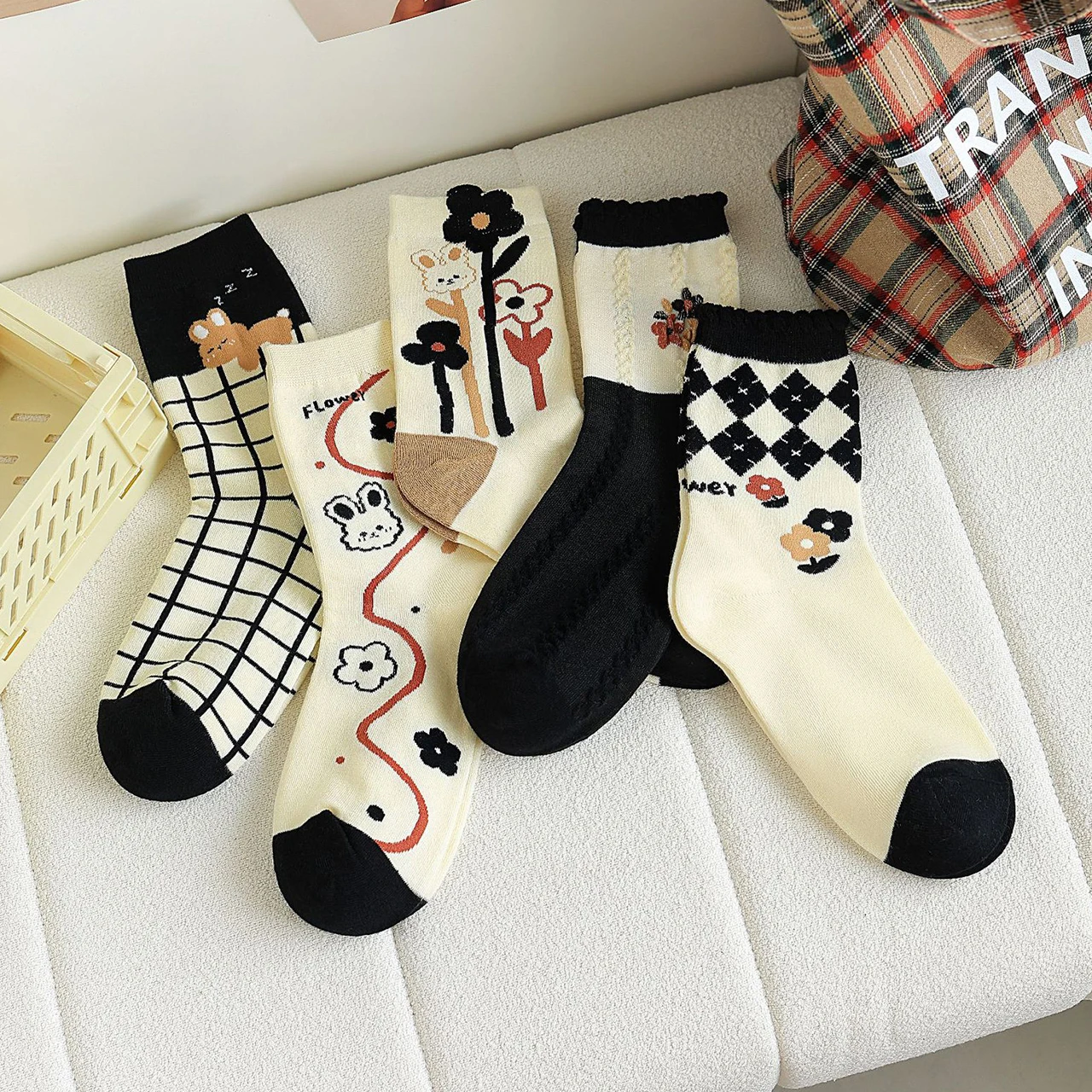 

Korean Fashion Retro Vintage Girls Socks with Ruffles Lace Frilly Japanese Kawaii Cartoon JK Cute Women Harajuku Print Stockings