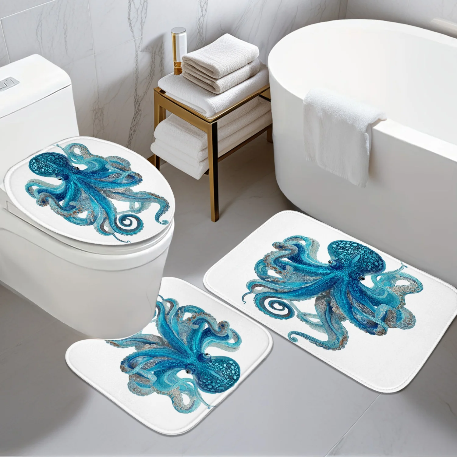 

Bathroom Anti-slip Mat -3pcs Set - Blue Exquisite Octopus 2D Flat Design Pattern - Digital Printing - Includes Anti-slip Mat