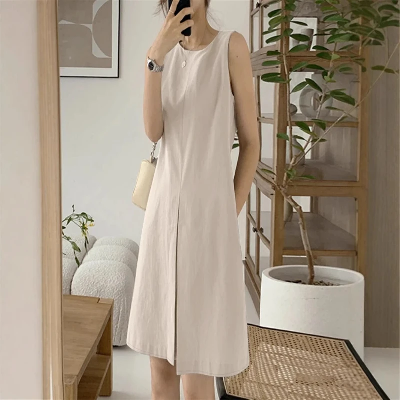 2025 été Style coréen coton lin col rond sans manches femmes débardeur robes mi-longue décontracté solide coupe ample poches Robes robe