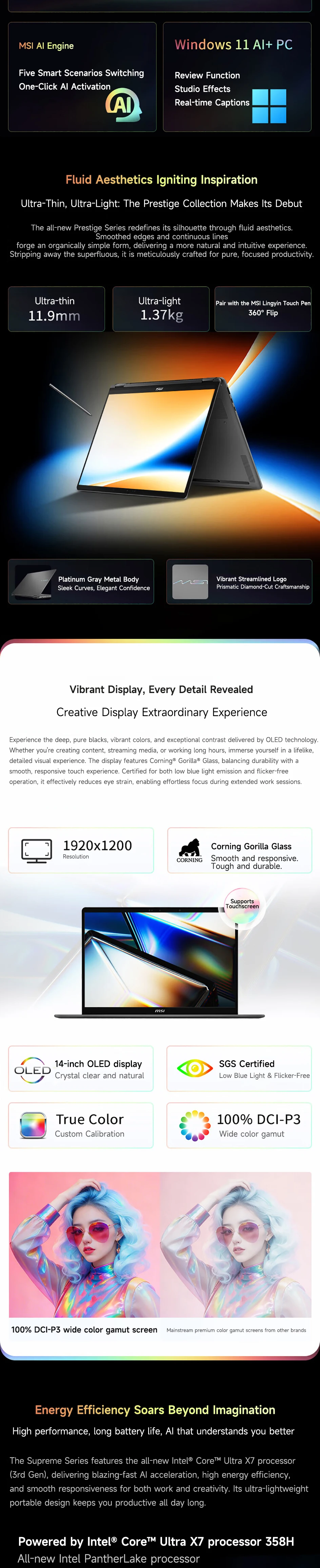 2026 MSI Prestige 14 Flip AI+ Laptop 14 Inch OLED FHD+ 60Hz IPS Screen Ultra X7-358H 32GB 1TB SSD Intel Graphics Notebook PC
