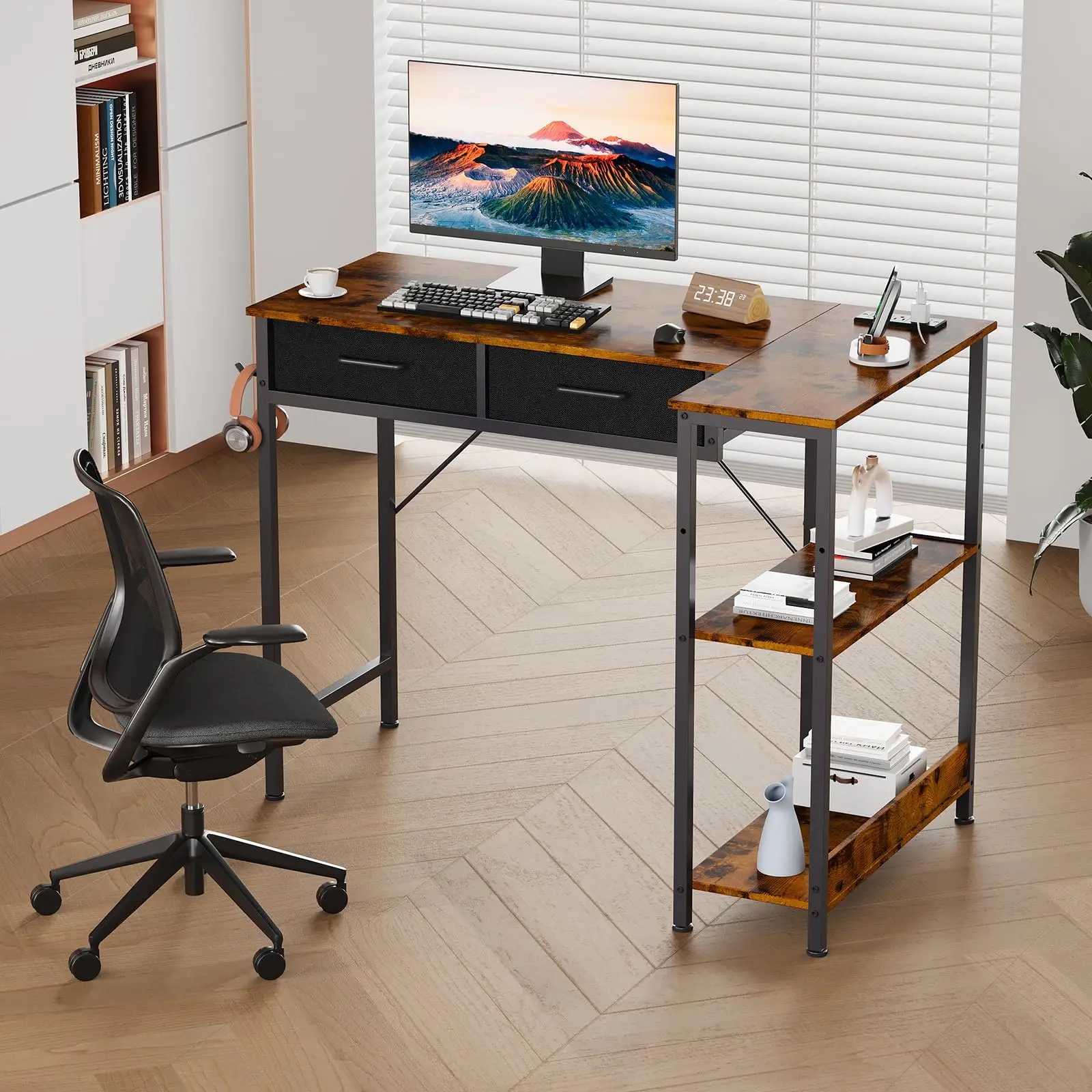 40 Inch L Shaped Gaming Desk With Power Outlet, Reversible Computer Desk With 2 Drawers, 3 Shelves, Headphone Hook