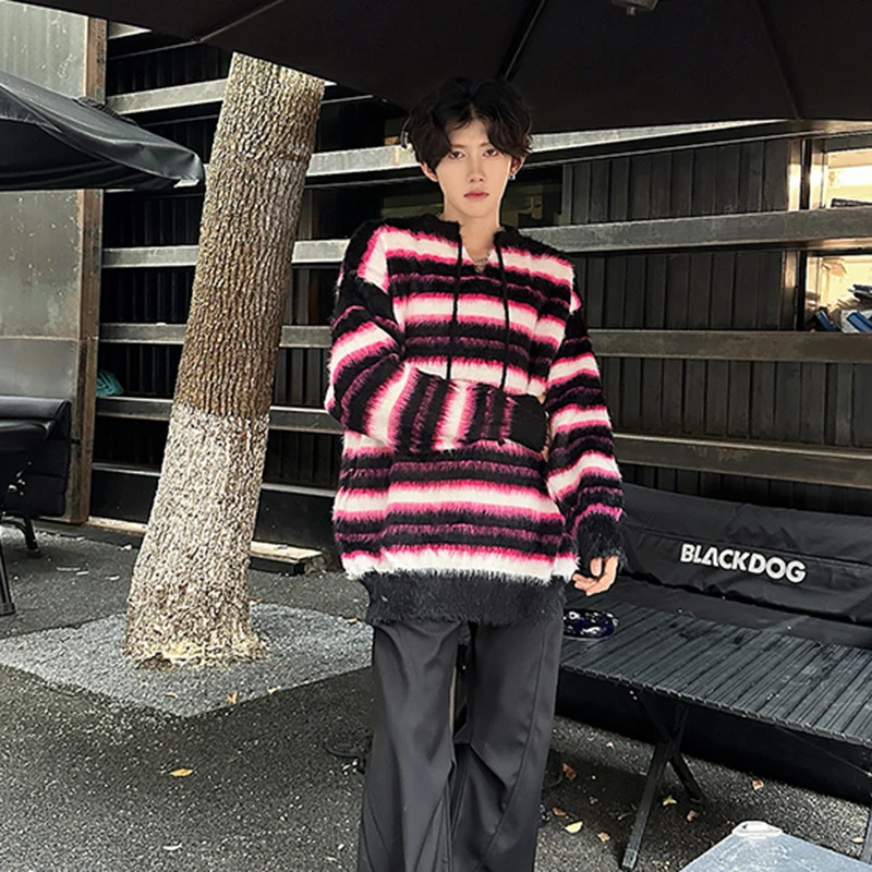 WTHT Trendy 2026 Spring Men's Striped Contrast Color Knit Sweater Fashion V-neck Long Sleeves Casual Pullover Male 2A2775