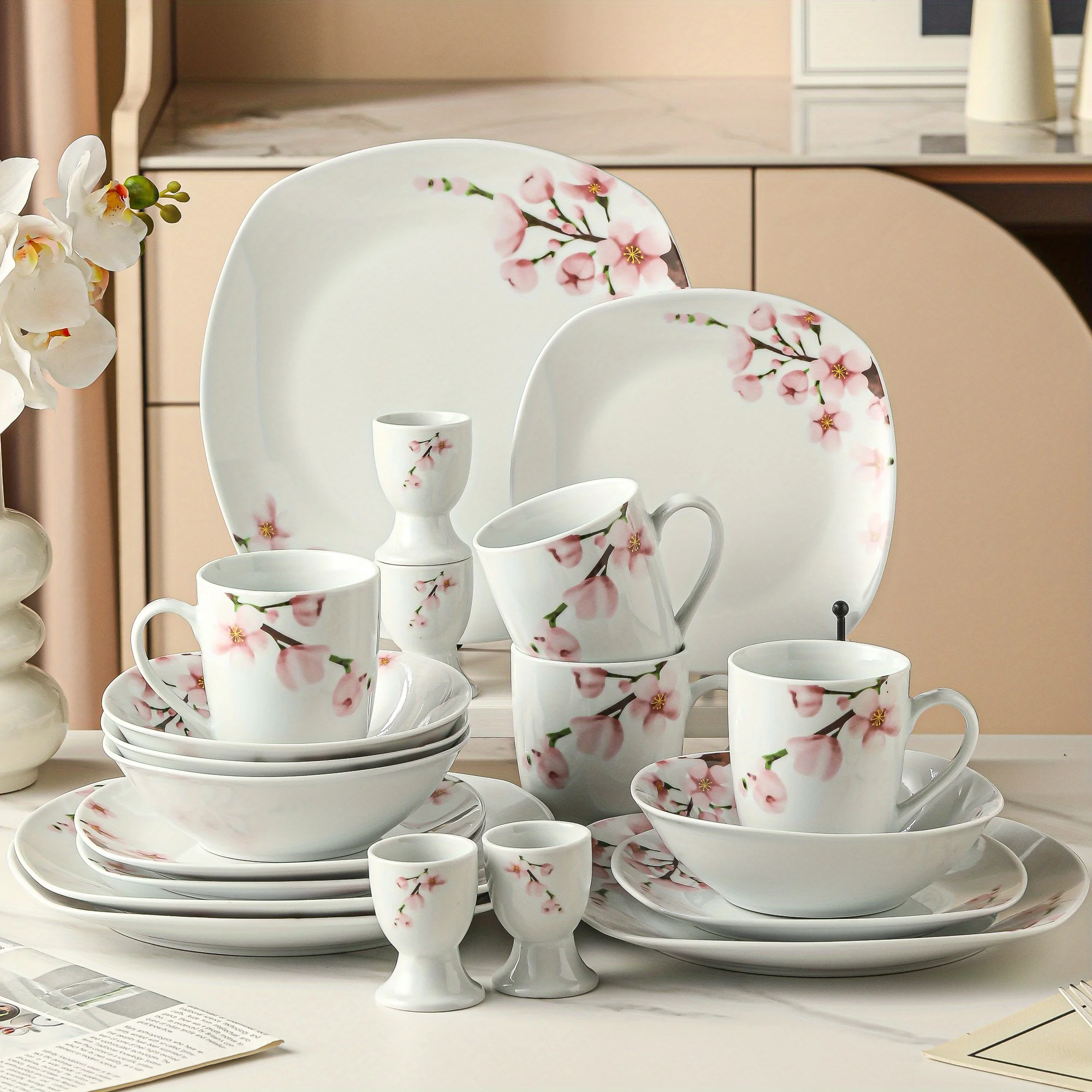 Juego de 20 platos de porcelana, que incluye tazas para huevos, tazas, cuencos, platos de postre y platos llanos.