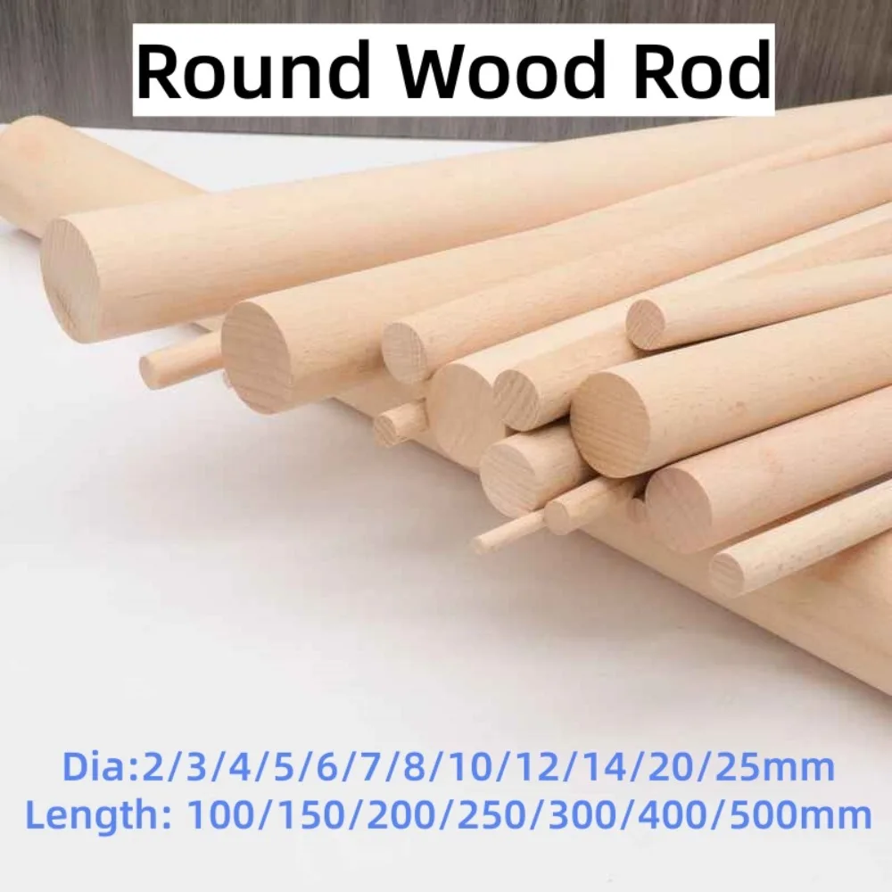 Solid Round Natural Wooden Dowel Rod, Unfinished Hardwood Wood Stick Dia 3-25mm Length 100-500mm DIY Model Wood Accessories