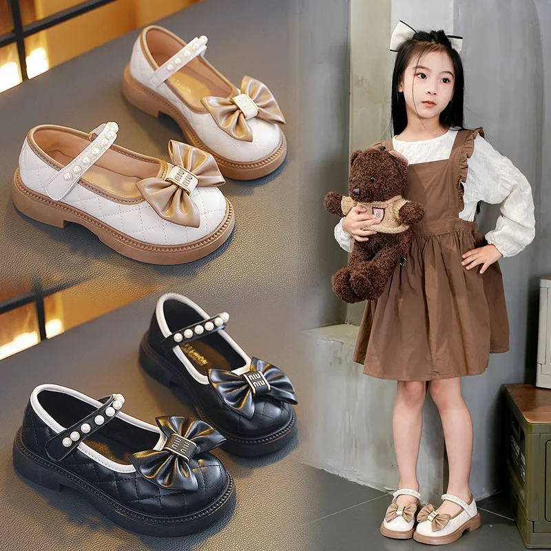 Children's Fashionable Black Leather Shoes with Pearl Chain Bow Cute Girl Mary Janes 2025 New Kids Versatile Wedding Party Shoes