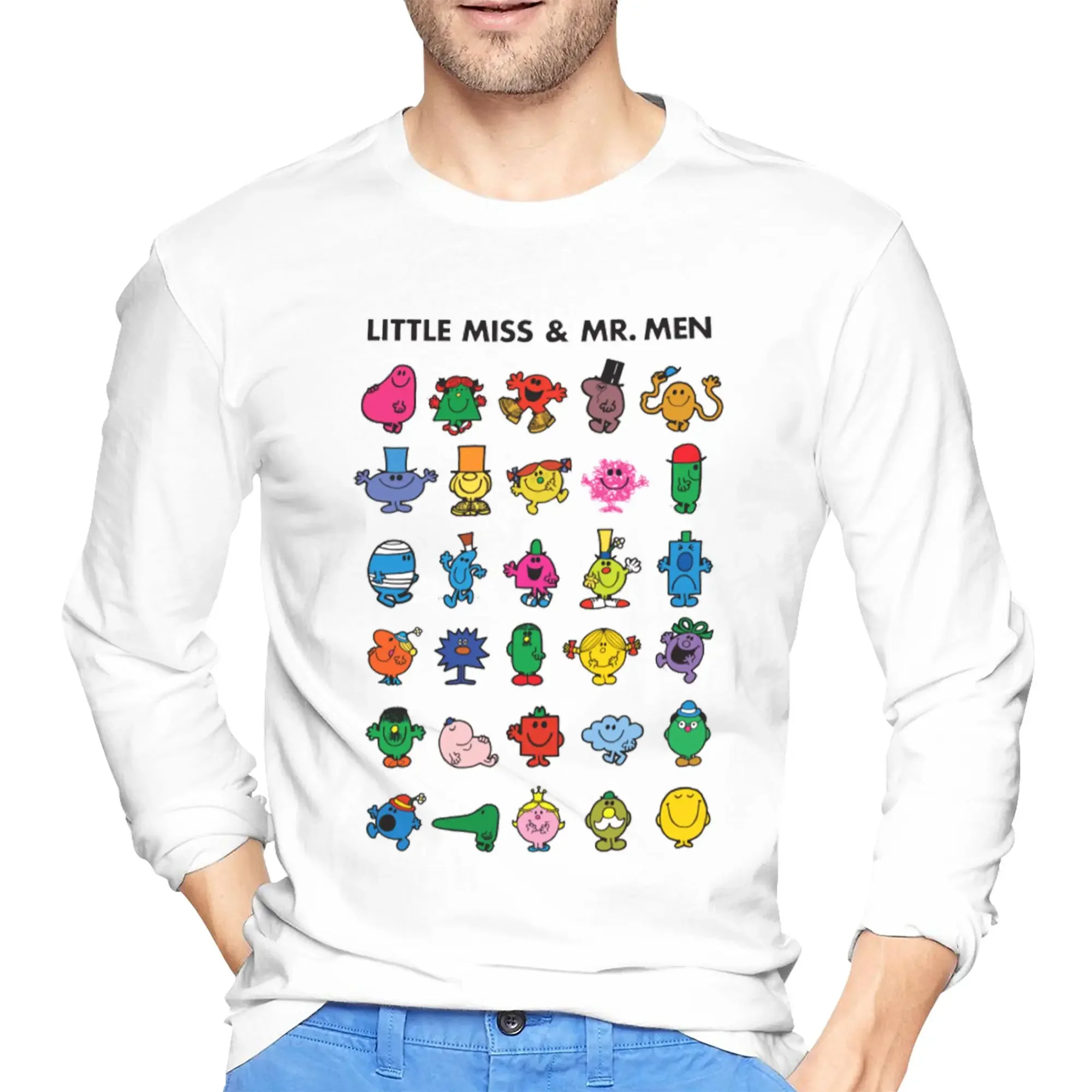 

Little Miss and Mr. men Men's Long Sleeved T-shirt Breathable Round Neck T shirts Spring and Autumn Men tops