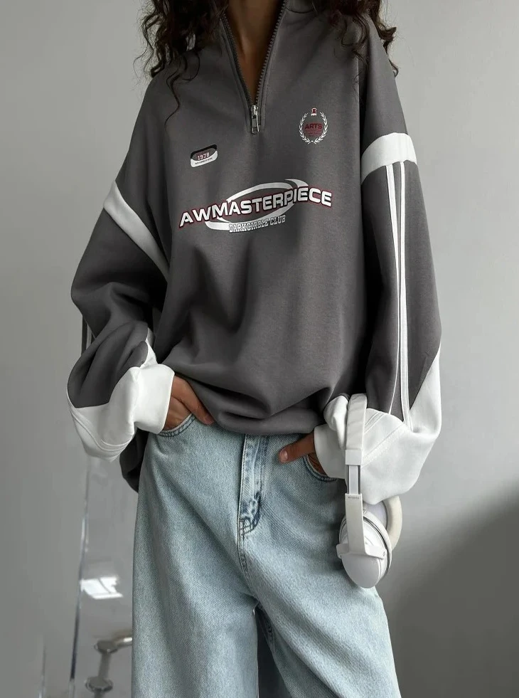 

Autumn/winter Fashion Women's Retro Half Zipper Stand Up Collar Sports Hoodie Trendy Brand Street Fashion Letter Top