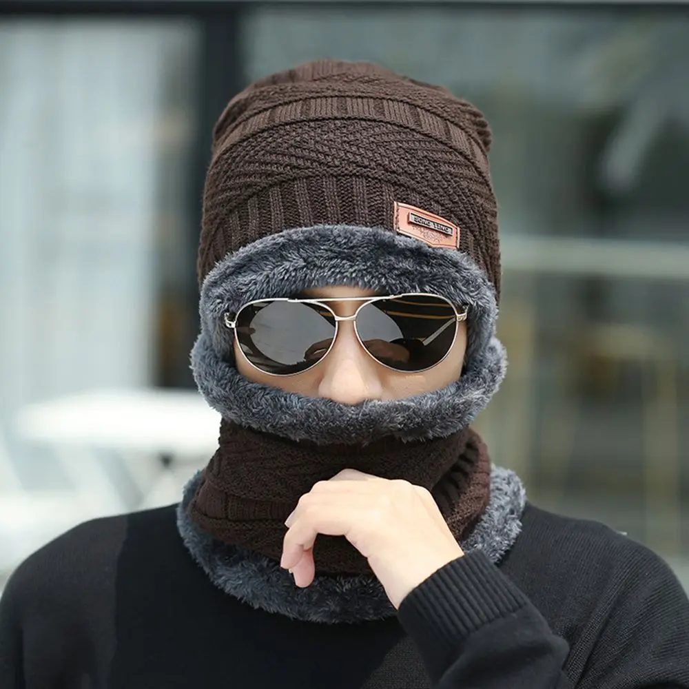 Male Fashion Female Neck Warm  Bib Solid Color Winter With Thick Fleece Hat Collar Sets Hat Bib Sets Bib Cap  Hats