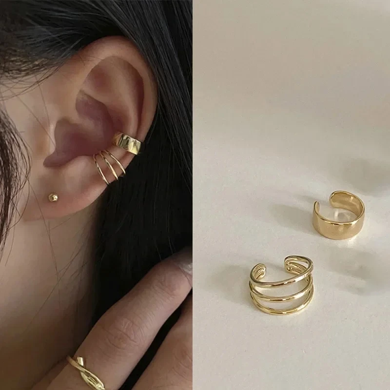 Mode baru warna emas perak anting bulat anting manset wanita tanpa tindik bentuk C geometris Earclip tulang telinga Set tren perhiasan