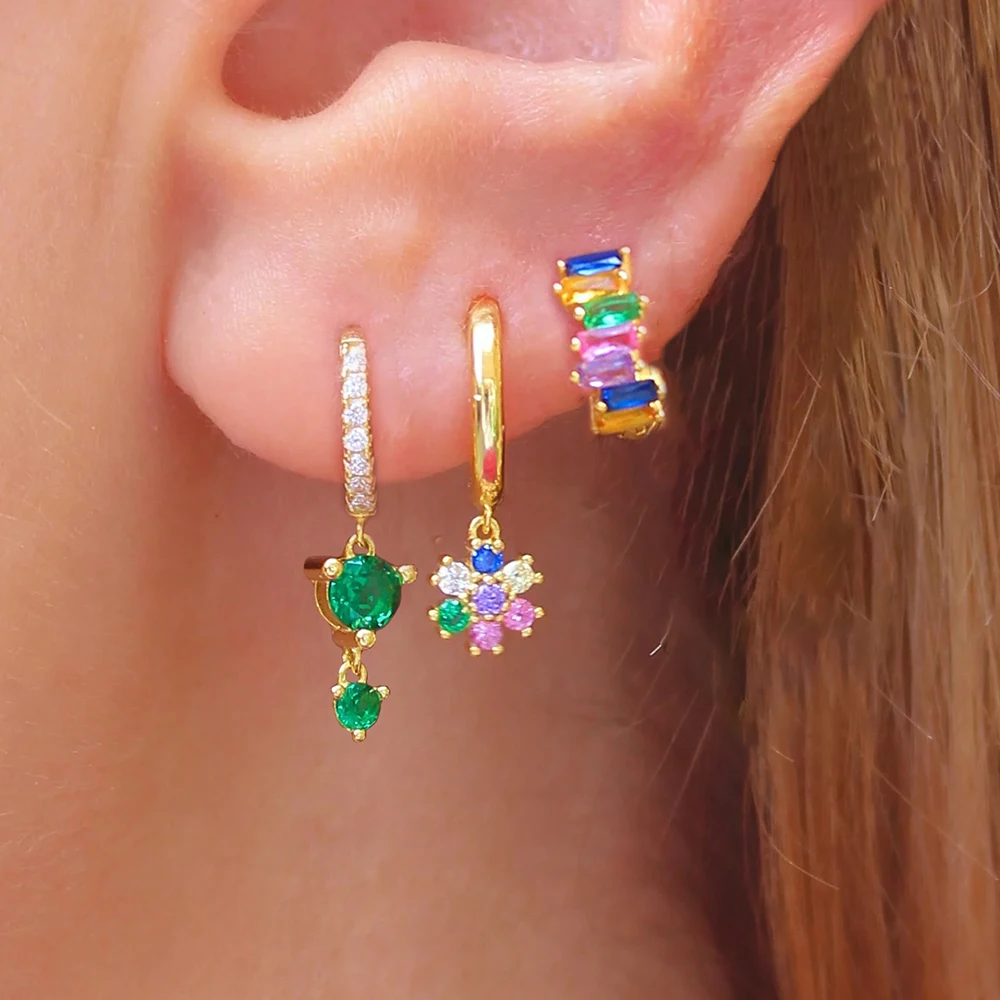 Boucles d'oreilles pendantes en forme de fleur de zircone pour femmes, 3 pièces, Design exquis, plaqué or 14K, pendentif rond, Cartilage, bijoux de perçage