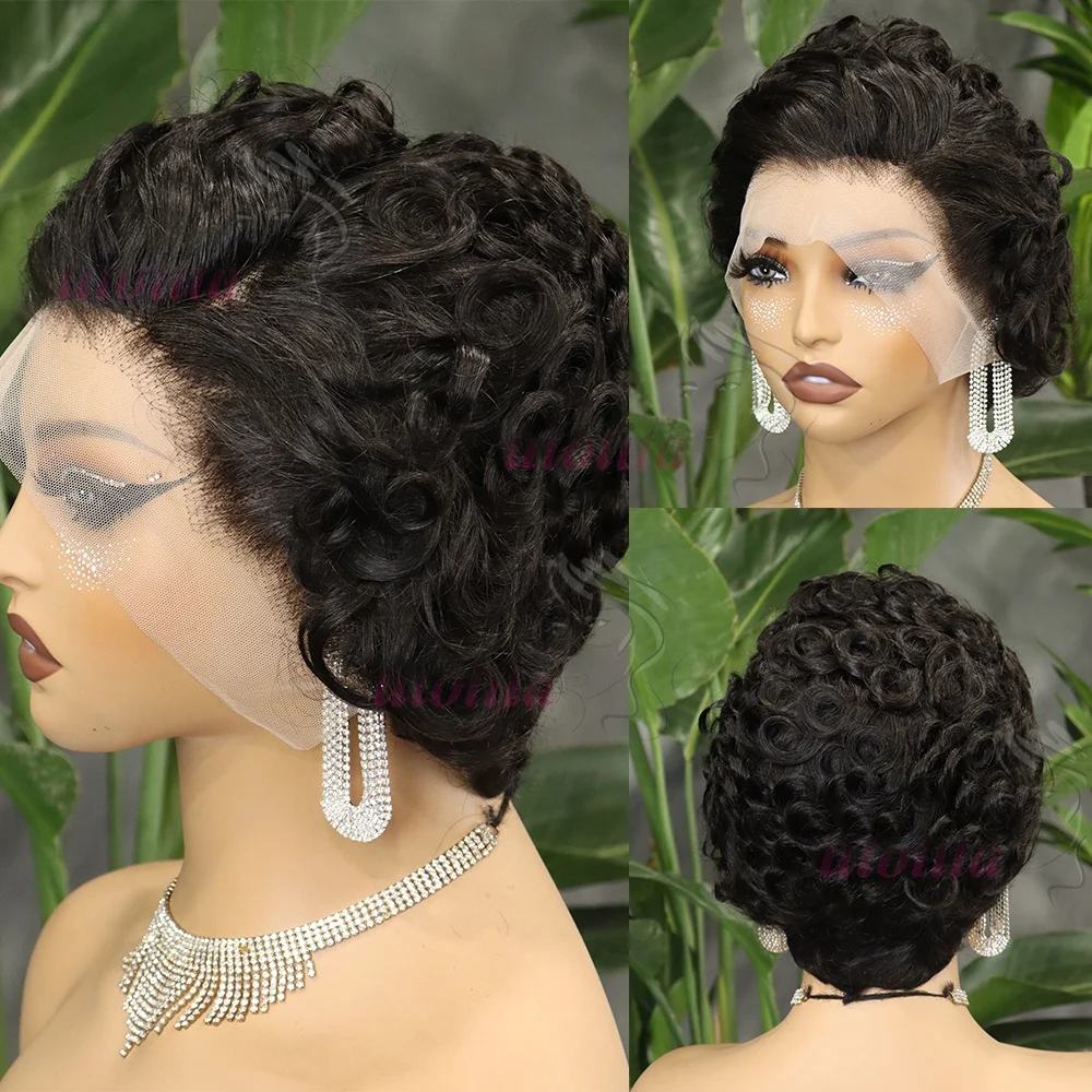 Chioma Lockige Pixie-Cut-Perücke 13X4 Full Lace Frontal Perücke Kurzer Bob Echthaarperücken für Frauen Kleberlose Lace-Perücke mit vorgezupftem Haaransatz – Detail 13