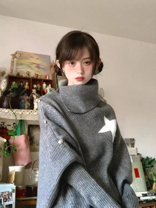 

Свободный женский вязаный свитер-кардиган с высоким воротником и звездным узором в корейском стиле, асимметричный дизайн, для весеннего повседневного образа