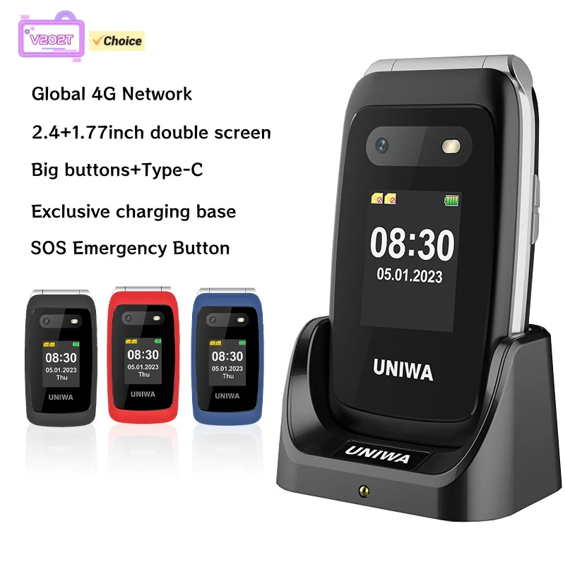 UNIWA V202T Flip Phone Dual Screen Large Button Dual SIM Card 4G Network Mobile Phone Support Charging Dock For Elderly