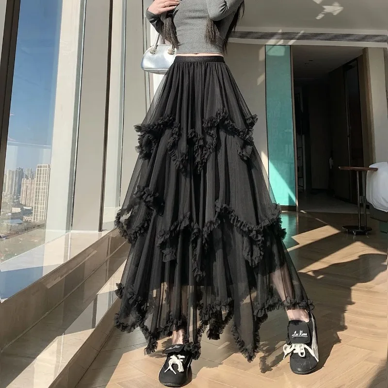 

Women's Ruffle Tulle Cake Skirt High Waist Asymmetrical A Line Fairy Maxi Skirt
