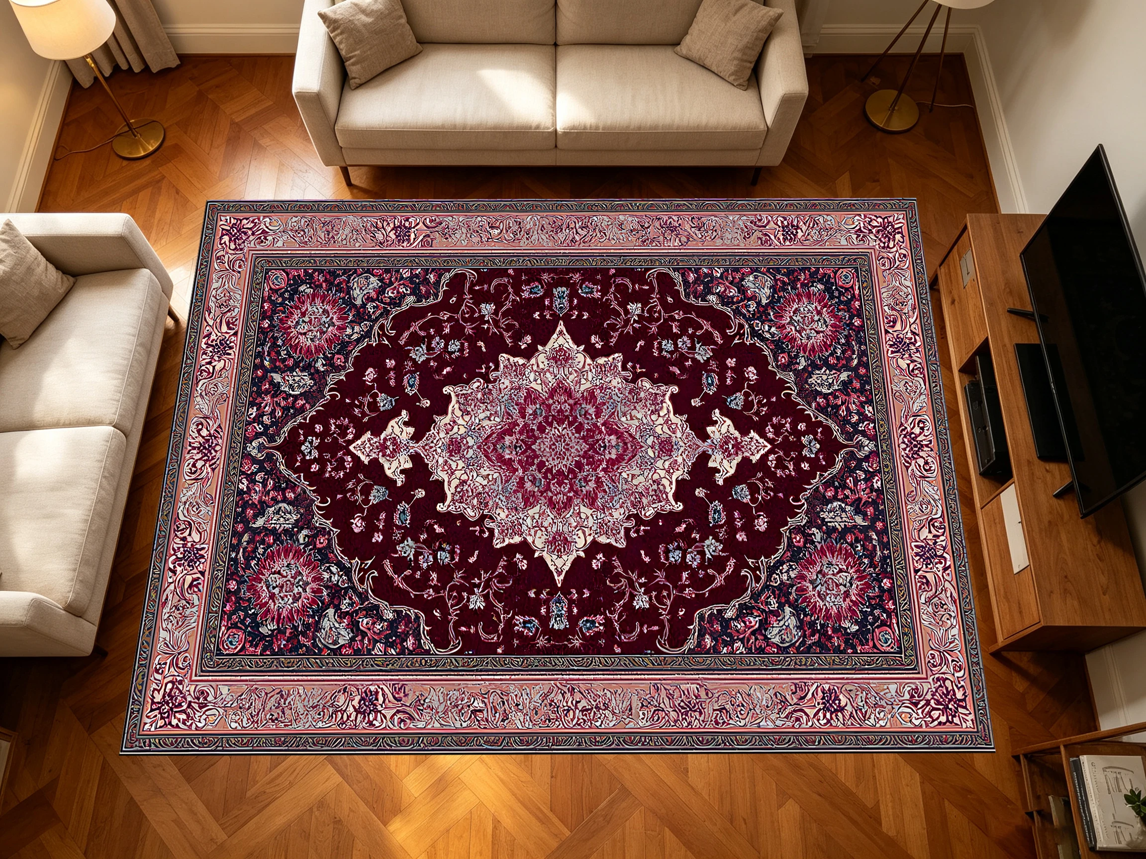 2D Carpet with Wine Red Classic Persian Pattern in Retro Light Luxury Style for Living Room, Bedroom, and Coffee Table