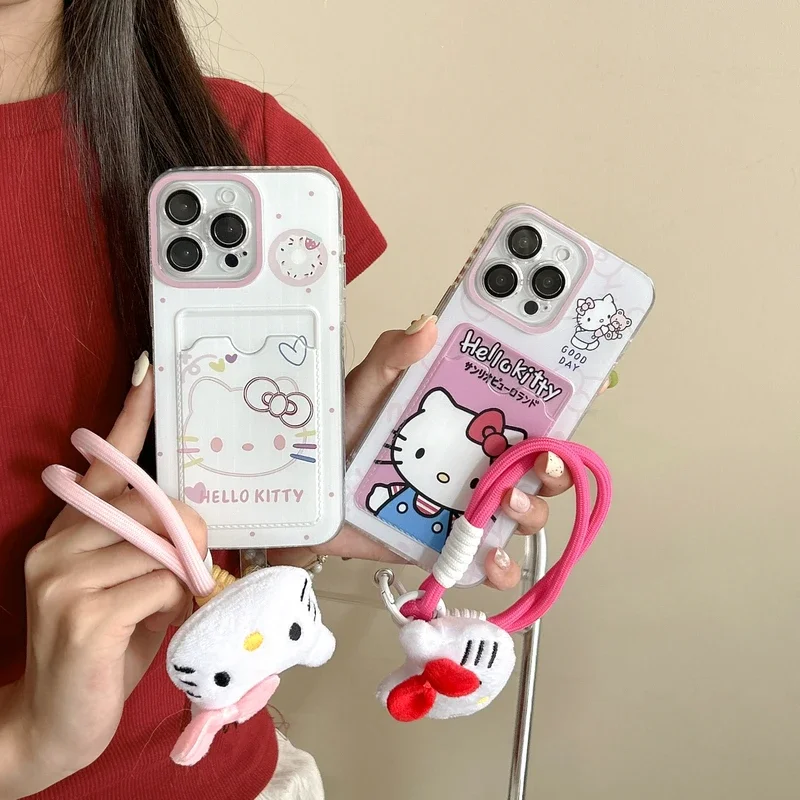 Cute Cartoon Sanrio Hello Kitty Card Wallet Pocket Phone Case For iPhone 16 15 14 13 12 11 Pro Max Soft TPU Cover With Lanyard