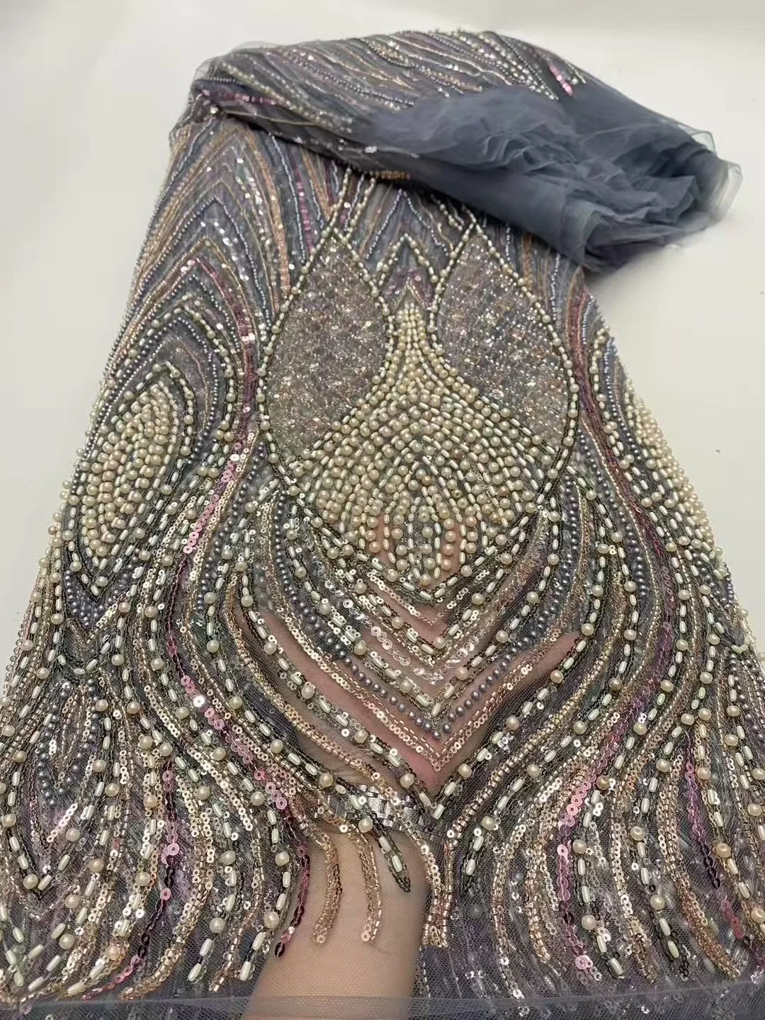 

African Nigeria Tulle Lace Fabric, Sequins Embroidery, Wedding Party Guipure Dress, Beads Stone, 5Yards, High Quality