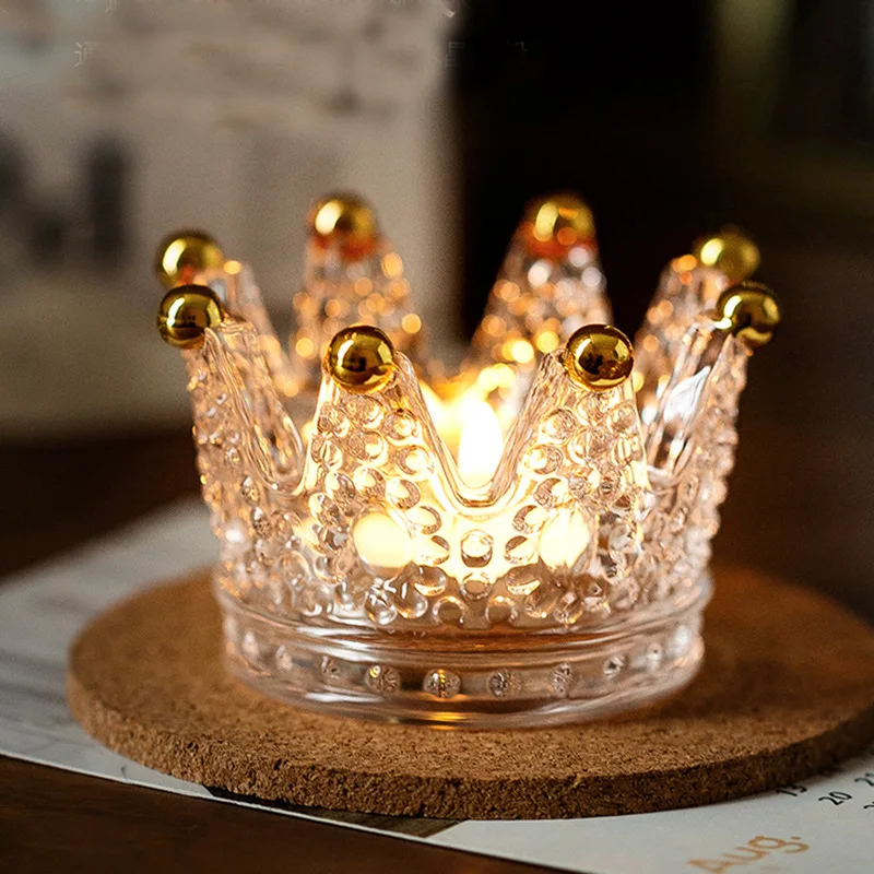 1PC Glass Crown Candlestick Necklace Jewelry Storage Dish Creative Decoration Scented Candle Ash Holder Nail Brush Display Stand