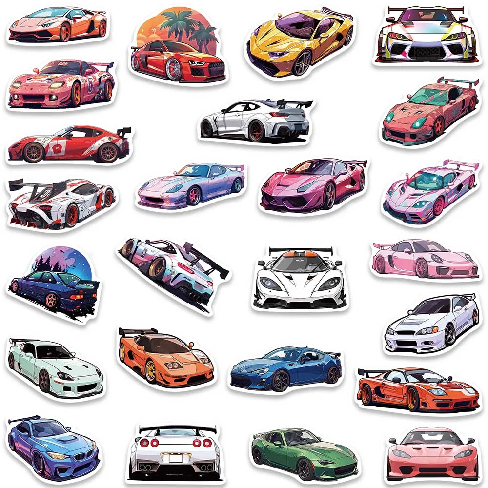 50pcs Cool Cartoon Sport Super Car JDM Stickers For Luggage Guitar Phone Skateboard Waterproof Graffiti Vinyl Laptop Decals