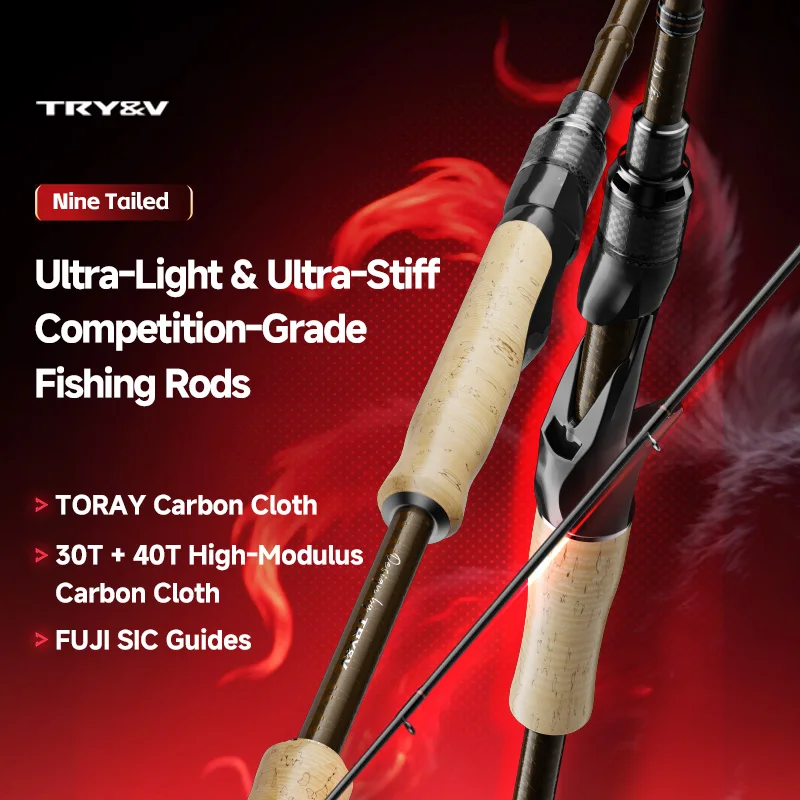 

TRY&V NINE TAILED 30+40T Carbon Fuji Guide Ring Super Light Fast Action Spinning Casting Rod for Bass Perch Freshwater Lure Rod