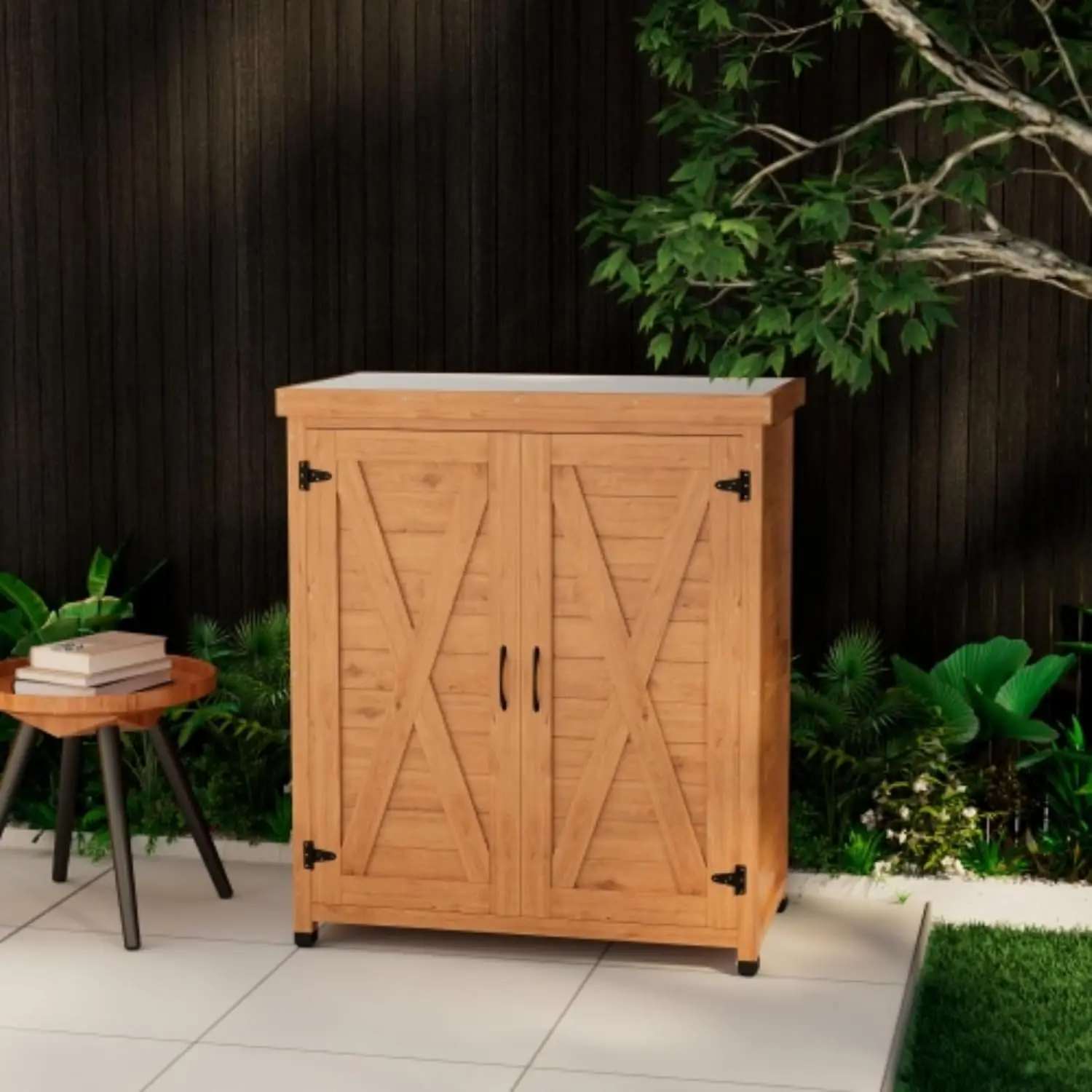 Outdoor Wooden Potting Bench With Wheel Double Doors & Metal Tabletop, Outside Storage Cabinet & Horticultural Planting Work